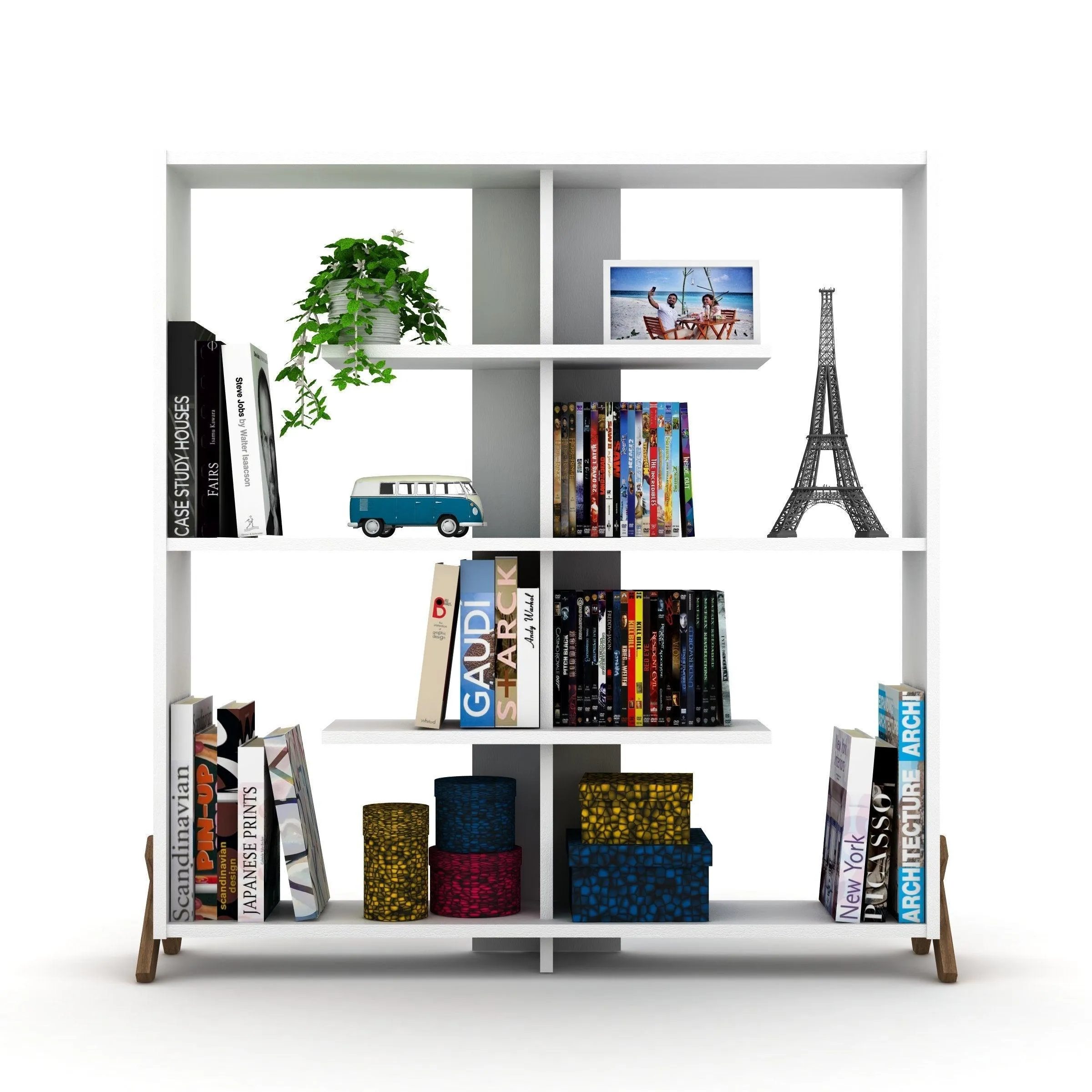 6 Shelves Bookcase Industrial Bookshelf Wood Frame Shelving Open Back, Modern Bookcases Large Bookshelf Organizer, Walnut/White