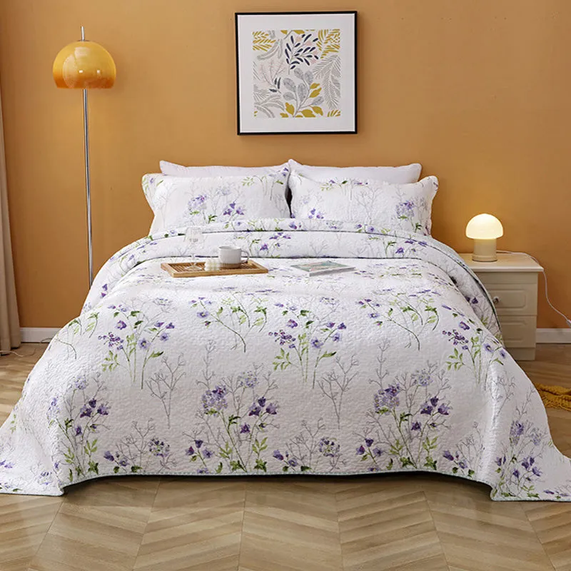 Lilac Floral Cotton 3 Piece Bedspread Bedding Set Light Weight Quilt