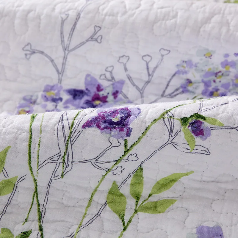 Lilac Floral Cotton 3 Piece Bedspread Bedding Set Light Weight Quilt