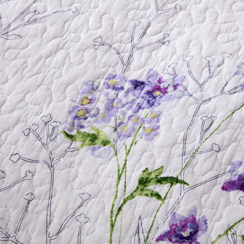 Lilac Floral Cotton 3 Piece Bedspread Bedding Set Light Weight Quilt