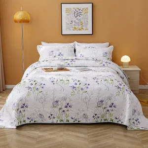 Lilac Floral Cotton 3 Piece Bedspread Bedding Set Light Weight Quilt