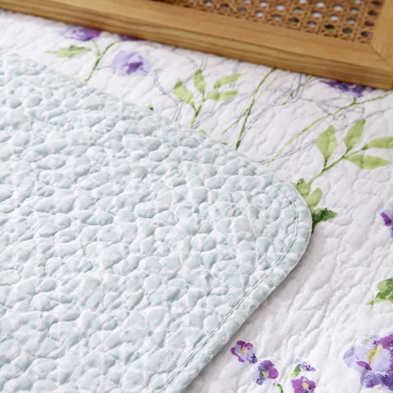 Lilac Floral Cotton 3 Piece Bedspread Bedding Set Light Weight Quilt