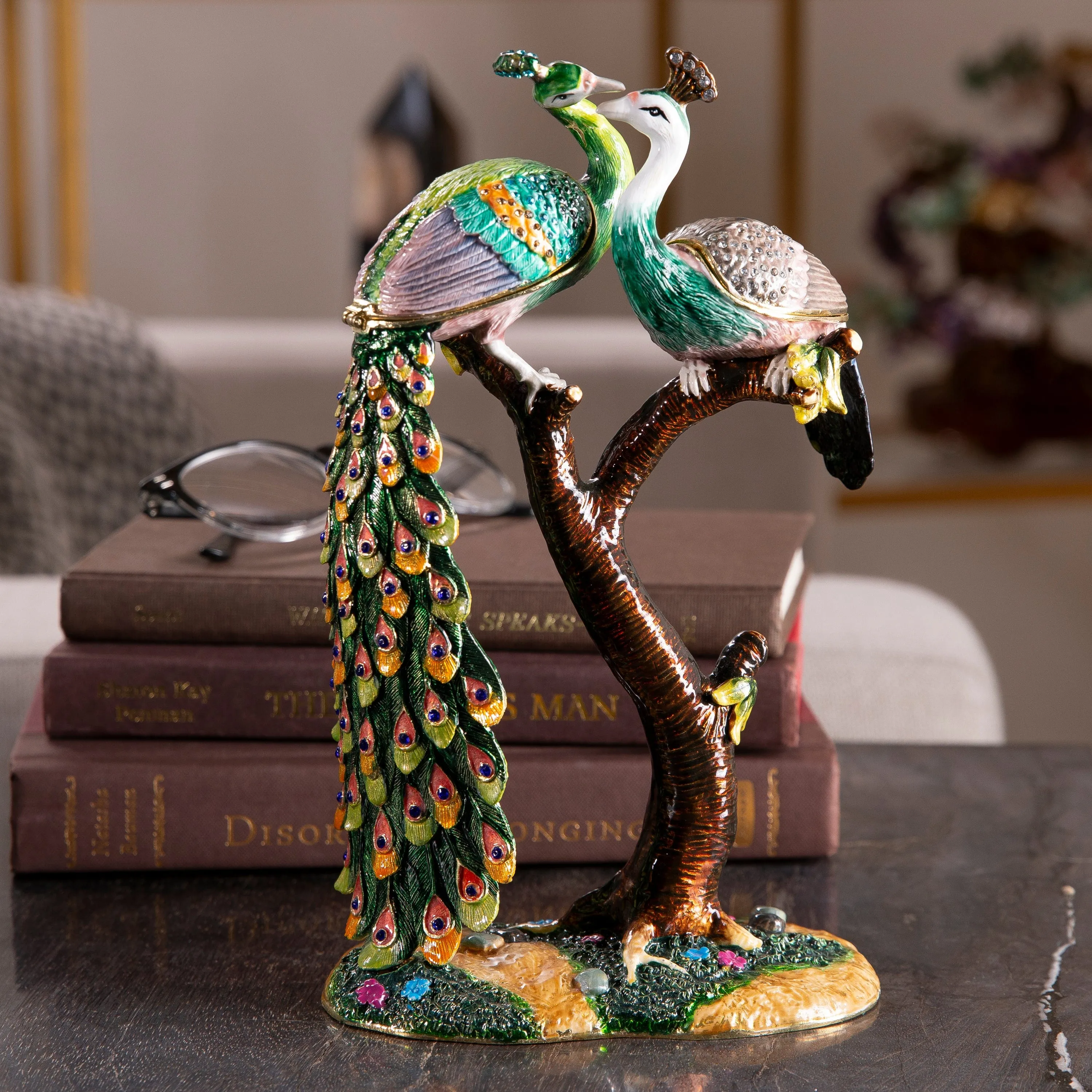 Lovers Peacock Figurine Keepsake Box made with Crystals