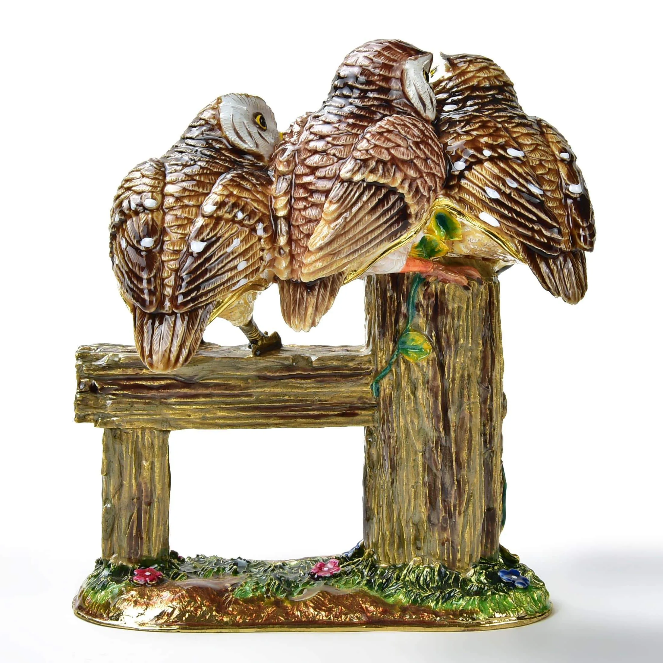 Owl Family on Branch Figurine Keepsake Box made with Crystals