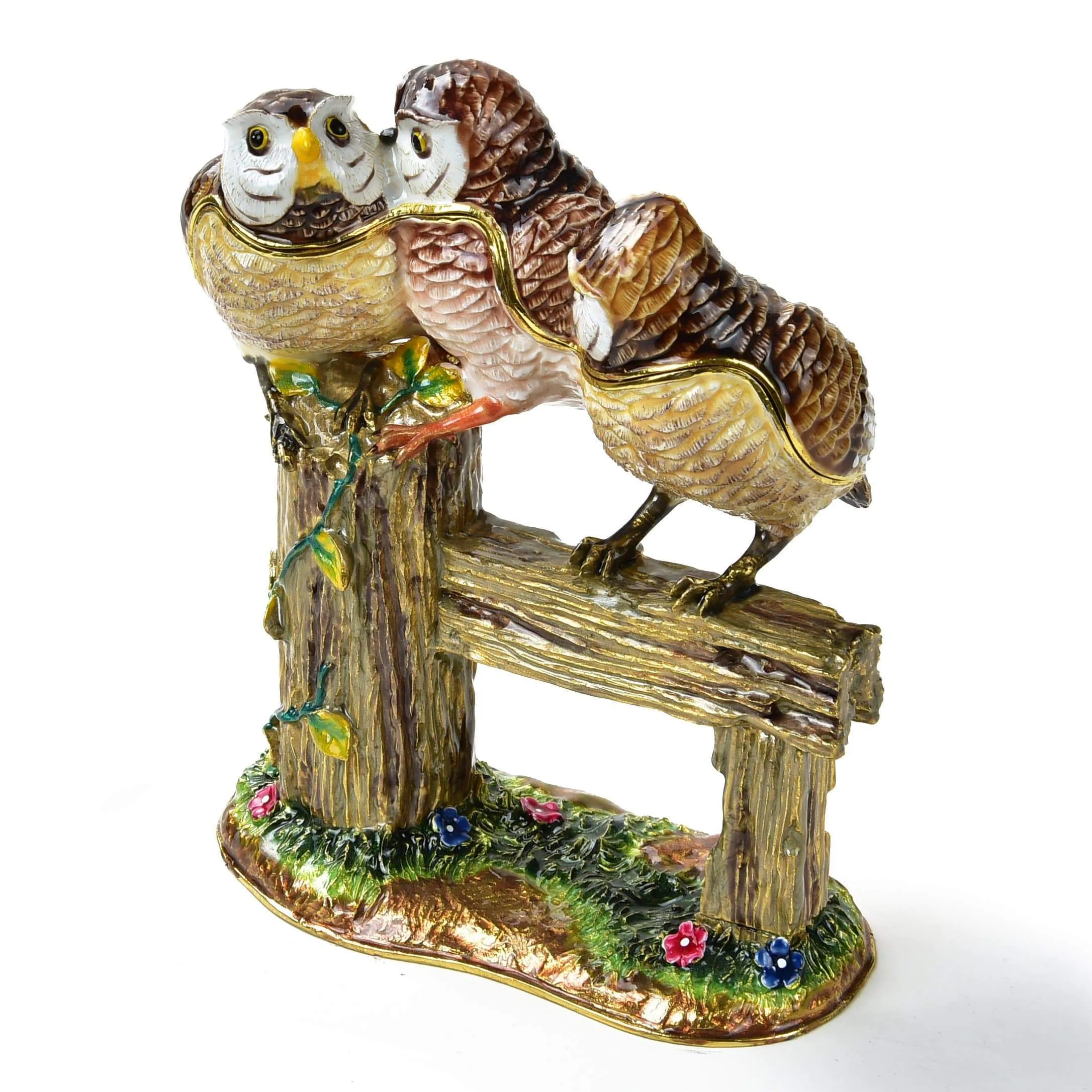 Owl Family on Branch Figurine Keepsake Box made with Crystals