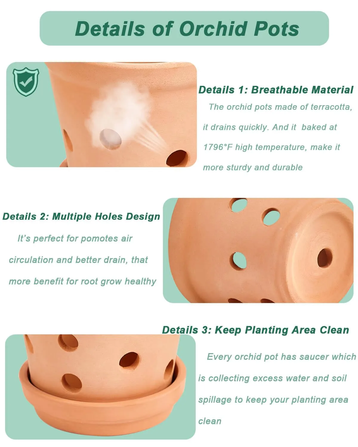 vensovo Terracotta Orchid Pots with Holes and Saucers - Clay Orchid Planter Pots for Repotting, Plant Flower Pots for Orchid Indoor and Outdoor Promotes Air Circulation